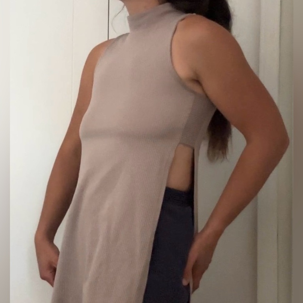 Windsor Ribbed Tank Top with high neck and cut out sides - Beige